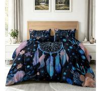 Pink-Blue Single Duvet, 4.5 Tog Down Alternative Comforter Set with 2 Shams, Reversible Bohemian Watercolor Feathers Flowers Coverless Duvet Microfiber Soft Warm Bed Quilt, 135 x 200 cm