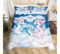 (Pink Blue White, Single(No Comforter)) Homewish Cartoon Dragon Duvet Cover Galaxy Starry Sky Double Bedding Set For Boys Girls,Magical Dragon Animal Kids Comforter Cover Cute Cloud Stars