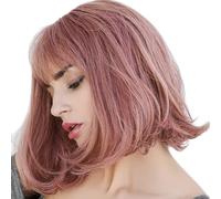 Pink Bob Wigs for Women, Short Pink Wigs with Air Bangs, Heat Resistant Synthetic Bob Pink Wig, Shoulder Length Pastel Synthetic Cosplay Pink Hair Wig for Girls Daily Party Use, 35cm