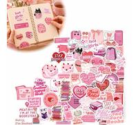 Pink Book-Themed Decorative Stickers, Assorted Die-Cut Craft Designs | Rose, red and white palette, cat, heart, cake, floral and lettering motifs, for journals, scrapbooks and notebooks