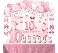 Pink Bow 10th Birthday Decorations for Girls, Coquette Themed 10 Year Old Girl Birthday Decorations, Double Digits Girls Party Supplies with Backdrop Banner Number 10 Balloons Tablecloth Cake Toppers