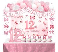 Pink Bow 12th Birthday Decorations for Girls, Coquette 12th Birthday Decorations Set with Bday Backdrop Banner Tablecloth Balloon Cake Topper, 12 Year Old Girl Party Supplies for Daughter Niece Sister