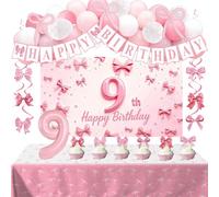 Pink Bow 9th Birthday Decorations for Girls, Sweet 9th Birthday Decorations, Happy Bday Backdrop Banner Tablecloth Balloon Cake Topper 9 Year Old Girls Party Supplies for Daughter Niece Sister
