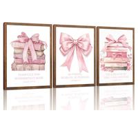 Pink Bow And Book Canvas Wall Art Set of 3, Coquette Trendy Preppy Cute Girl Posters Prints Wall Decor, Book Lovers Gifts for Girls Room College Apartment Living Room Bedroom 16x12In Wood Framed
