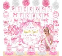 Pink Bow Baby Shower Decorations A Sweet Little Girl Is On Her Way Backdrop Banner Swirls Honeycomb Centerpieces Sash Paper Pom Poms Welcome Baby Girl Decor Kit Gender Reveal Bow Theme Party Supplies