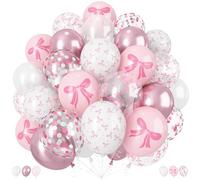 Pink Bow Balloons, 60 Pcs 12 inch Light Baby Pink Pearl White Balloons, Bow Printed Balloon Metallic Confetti Balloon for Girl Women Princess Birthday Baby Shower Bachelorette Wedding Party Decoration