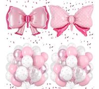 Pink Bow Balloons Set 52pcs, Large Bowknot Foil Balloon 12" Bow Latex Balloons for Girls, Wedding Bridal Bachelorette, Engagement Princess Coquette Pink Birthday Decorations Set Pinks Clear White