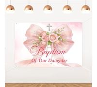 Pink Bow Baptism Backdrop, Pink Bow Theme Baptism of Our Daughter Backdrop Banner Bowknot Pearl Floral First Communion Photography Background for Girl Baptism Christening Party Supplies 5x3ft