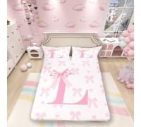 Pink Bow Bed Sheet Set Princess Style Bowknot Love Hearts Girly Fairy Sheet Sets Deep Pocket(No Flat Sheet),Initial Letter L Chic Romantic Mattress Cover,Single with 1 Pillowcase