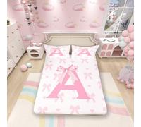 Pink Bow Bedding Set Single Size Initial Letter A Chic Romantic Bed Set for Teens Kids Sheet Princess Style Bowknot Love Hearts Girly Fairy Bed Cover(1 Fitted Sheet+1 Pillow Case)