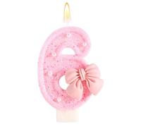Pink Bow Birthday Candle, Shiny Bow Pearl Sequins Happy Birthday Number 6th Candles Perfect Cakes Toppers Decorations for Celebration Party Wedding Graduation (Number 6)