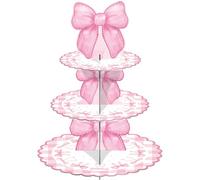 Pink Bow Birthday Decorations Cupcake Stand, 3 Tier Bow Themed Cardboard Cupcake Display Stand Dessert Tower, Pink Baby Shower Birthday Party Supplies