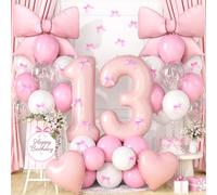 Pink Bow Birthday Decorations for Girls, Light Pink White Latex Balloons with Bow Print Balloons Heart Foil Balloon and Number 13 Balloon for Girl 13th Birthday Party