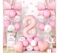 Pink Bow Birthday Decorations for Girls, Light Pink White Latex Balloons with Bow Print Balloons Heart Foil Balloon and Number 8 Balloon for Girl 8th Birthday Party
