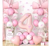 Pink Bow Birthday Decorations for Girls, Light Pink White Latex Balloons with Bow Print Balloons Heart Foil Balloon and Number 4 Balloon for Girl 4th Birthday Party