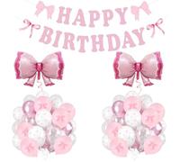 Pink Bow Birthday Party Decorations Coquette Decorations With Happy Birthday Banner, Pink White Bow Balloons And Pink Bow Aluminum Foil Balloons For Girl Party Decorations