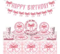 Pink Bow Birthday Party Tableware Set, Girls Princess Kids Birthday Baby Shower Ballet Theme Party Supplies Decoration with Happy Birthday Banner Paper Plates Cups Napkins Tablecloths For 10 Guests