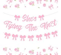 Pink Bow Bridal Shower Decorations, Glitter She's Tying The Knot Banner Pink Bowknot Garland Bachelorette Decorations for Women Bridal Shower Engagement Hen Party Supplies