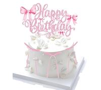 Pink Bow Cake Topper, Bow Cake Decorations, Happy Birthday Sign with 6 Pink Ribbons, Glitter Paper DIY Vintage Coquette Party Decor for Birthdays, Include Includes adhesive and plastic sticks - 1PC
