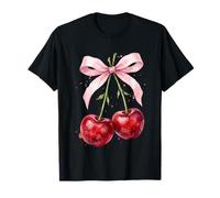Pink Bow Cherry Watercolor Red Aesthetic Cherries Summer T-Shirt