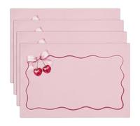 Pink Bow Cherry Wave Border Cotton Linen Placemats Set of 4, 12x18 Table Mat for Family Dinners Wedding Parties Restaurant Kitchen Decoration, Waterproof Washable Heat Resistant Place Mats -a02