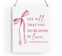 Pink Bow Christian Wall Art, Christian Gifts for Women, Inspirational Bible Verses Wall Decor, Pink Bow Hanging Wood Sign for Office Bedroom Living Room Girl Dorm Apartment - 1 Corinthians 16:14