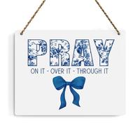 Pink Bow Christian Wall Art, Christian Gifts for Women, Inspirational Bible Verses Wall Decor, Pink Bow Hanging Wood Sign for Office Bedroom Living Room Girl Dorm Apartment - Pray Blue Bow