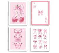 Pink Bow Coquette Canvas Wall Art Preppy Wall Decor 12"x16" Framed Coquette Room Decor Aesthetic Pink Bow Cherry Butterfly Wall Decor for Living Room Bedroom Girls Room Decoration(4Pcs,Framed)