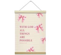 Pink Bow Coquette Poster Hanger Frame, With God All Things Are Possoble Bible Verse Christian Posters Canvas Wall Art for Women Girls Dorm Bedroom Decor, 12x16 Inches -031