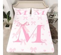 Pink Bow Double Size Fitted Sheet,Initial Letter M Chic Romantic 3 Pieces Kids Teenager Room Decor Princess Style Bowknot Love Hearts Girly Fairy Pocket 2 Pillowcases