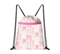 Pink Bow Drawstring Bag, Waterproof Swim & Gym Bag for Women Girls, Cute Coquette Sports String Backpack, Large Capacity Drawstring Bag for School Swimming Travel Fitness Hiking Picnic (White)