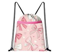 Pink Bow Drawstring Bags for Girls, Cute Heart Shape & Pink Bow Pattern, Drawstring Backpack Waterproof, Large Capacity Draw String Bag Gym for School Swimming Travel Fitness Climbing Hiking Picnic