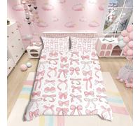 Pink Bow Duvet Cover Double Size,Princess Ribbon Bow Dreamy Girly Bow-tie Bedding Set 3 Pcs for Kids Teens,Fairy Tale Romantic Starry Comforter Cover(No Filler),Pink White Quilt Cover