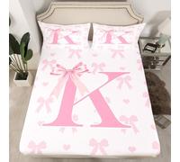 Pink Bow Fitted Sheet King Size Initial Letter K Chic Romantic Bedding Sheet Set,Princess Style Bowknot Love Hearts Girly Fairy Bed Cover Bedding 3 Pcs(No Flat Sheet)