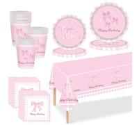 Pink Bow Girls Tableware Set, 69pcs Coquette Decorations With Plates, Cups, Napkins and Tablecloth for Bachelorette, Bride Engagement, Baby Shower - Cute Supplies