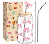 Pink Bow Glass Cup,16 Oz Iced Coffee Cups with Lids and Straws,Elegant Bow Cup with Pink Bows Straw Topper for Bubble Tea,Coffee or Cocktail, Aesthetic Gift for Women Girls Friends Mum Wife Daughter