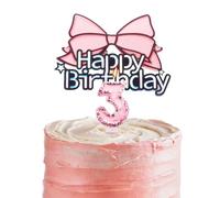 Pink Bow Happy 3rd Birthday Cake Topper, 3rd Birthday Candle Pink Number 3 Candle for Birthday Cake - Personalised Girl Age 3 Cake Topper & Candle, 3rd Birthday Cake Decorations for Girl