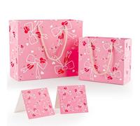 Pink Bow & Heart Pattern Gift Bags with Card with Handles for Celebrating Birthday, Wedding, Valentine's Day Paper Bags for Gifts Wrapping