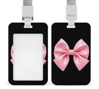 Pink Bow ID Badge Holder with Lanyard Vertical Badge Reel Clip Durable Clear Window Name Tag ABS Plastic Push-Pull Design ID Card Holder for Office, Nurses, Employees