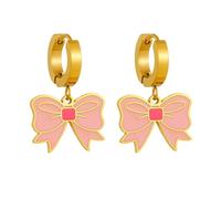 Pink Bow Knot Dangle Drop Small Hoop Earrings Stainless Steel Gold Plated Chunky Huggie Hoops Ribbon Bowknot Dangling Earring Studs Cute Birthday Jewelry for Women Daughter