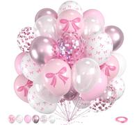 Pink Bow Latex Balloons, 60pcs Pink and White Balloons, Bow Printed Balloon Metallic Confetti Balloon For Girls Women Princess Birthday Baby Shower Bachelorette Party Engagement Wedding Anniversary