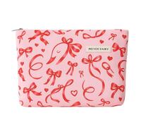 Pink Bow Makeup Bag for Women, Cute Cosmetic Bags with Zipper, Large Capacity Waterproof Toiletry Pouch, Travel Makeup Organizer Gift for Girls Teens Sisters (Red Bow)