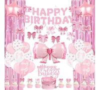 Pink Bow Party Decorations, 53 Bow Birthday Decorations with Balloons Fringe Curtains Happy Birthday Banner Hanging Swirl and Cake Toppers for Girls’ Party Decorations