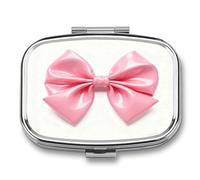 Pink Bow Pill Box 2-Compartment Portable Pill Case Square Metal Medication Organizer Small Weekly Medication Case with Mirror Stylish Vitamin Holder for Purse Pocket Travel