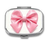 Pink Bow Pill Box - 2 Compartment Travel Pill Organizer with Small Mirror, Portable Pillcase for Pocket & Purse, Cute Square Medicine Case, Weekly Medicine Container