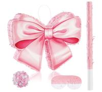 Pink Bow Piñata Birthday Party Decorative Bow Tie Piñata with Blindfold and Bat for Girls Kids Pink Bows Birthday Party Decorations (Small Size 16.5"x13"x3)
