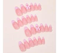 Pink Bow Press on Nails Medium Almond Nude Pink Nail Tips with Pearl Design Cute False Nails Glossy Acrylic Glue on Nails Full Cover Artificial Nails for Women 25Pcs