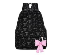 Pink Bow Print Corduroy Backpack - Cute Aesthetic School Bag for Teen Girls, Lightweight Travel Rucksack with Large Capacity, Casual Daypack with Matching Bow Charm (One Size)