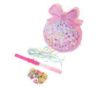 Pink Bow Pull String round Pinata for Birthday Party Decor | Paper Glitter Finish, Hanging Prop for Indoor Photo Booth Scenes, Includes Stick and Confetti