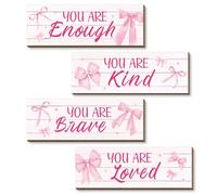 Pink Bow Room Decor Wood 4PCS Inspirational Wall Art Girls Bedroom Accessories Positive Quotes Girls Pink Wall Decor for Bathroom Bedroom Living Room